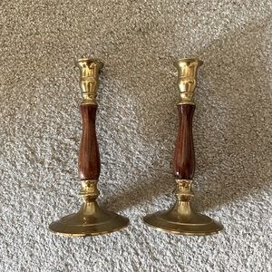 Vintage Antique Wooden & Brass Candle Holders